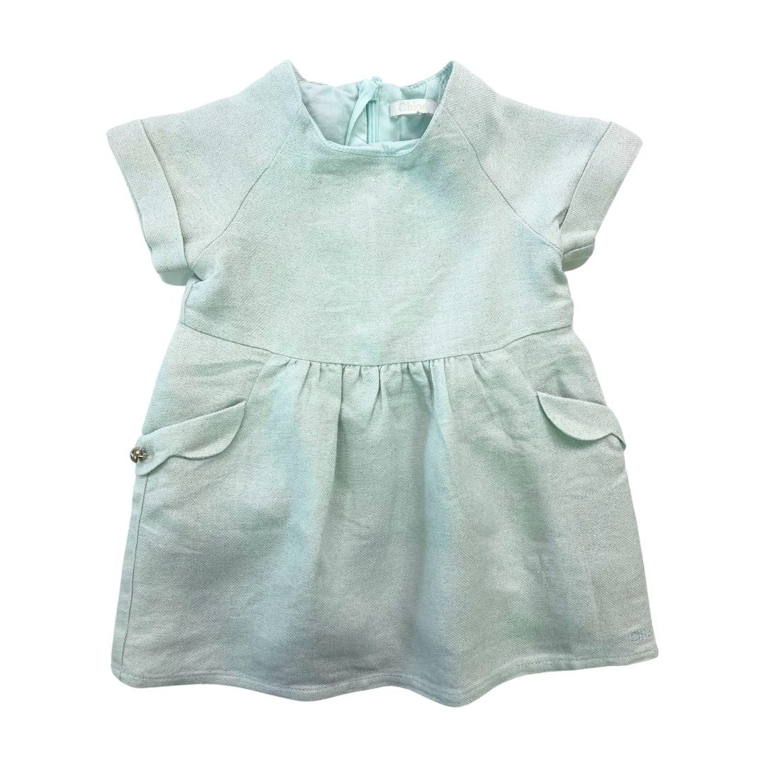 CHLOÉ - Robe verte en lin fil argenté - 6 mois