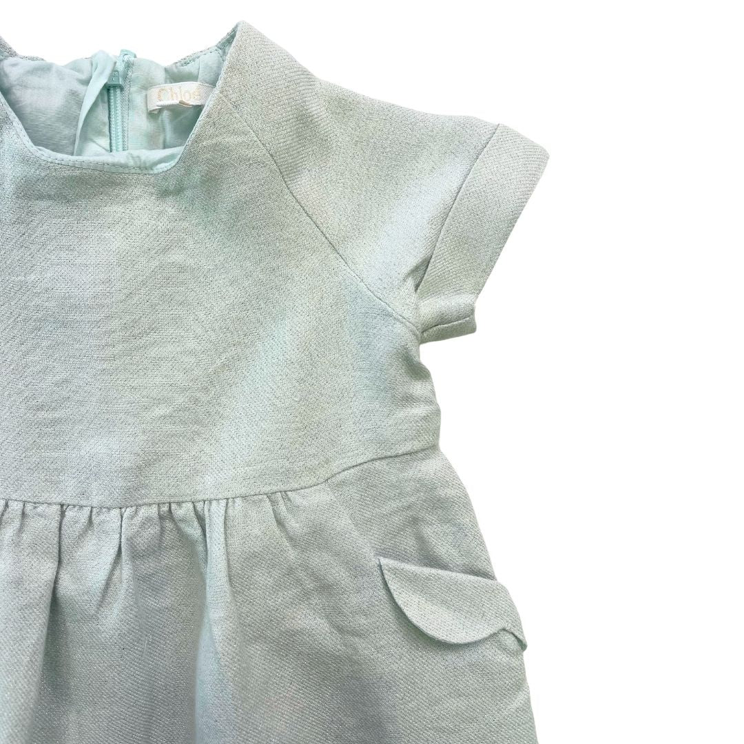 CHLOÉ - Robe verte en lin fil argenté - 6 mois
