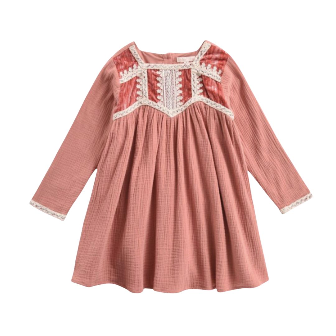LOUISE MISHA - Rosa Langarmkleid mit Stickerei und Samt - 6 Jahre