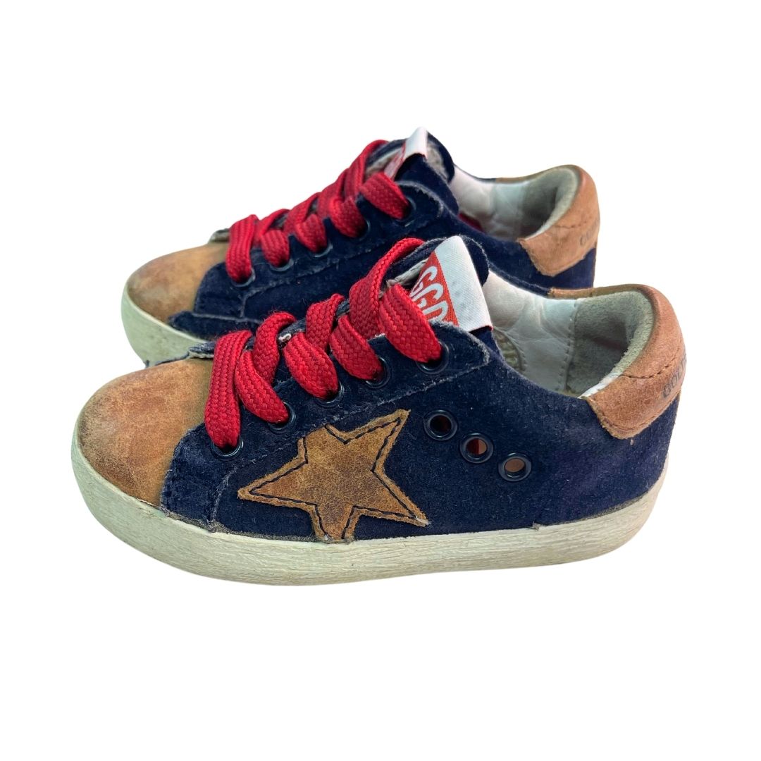 GOLDEN GOOSES – Marineblaue Sneakers aus Wildleder und braunem Leder – Größe 20
