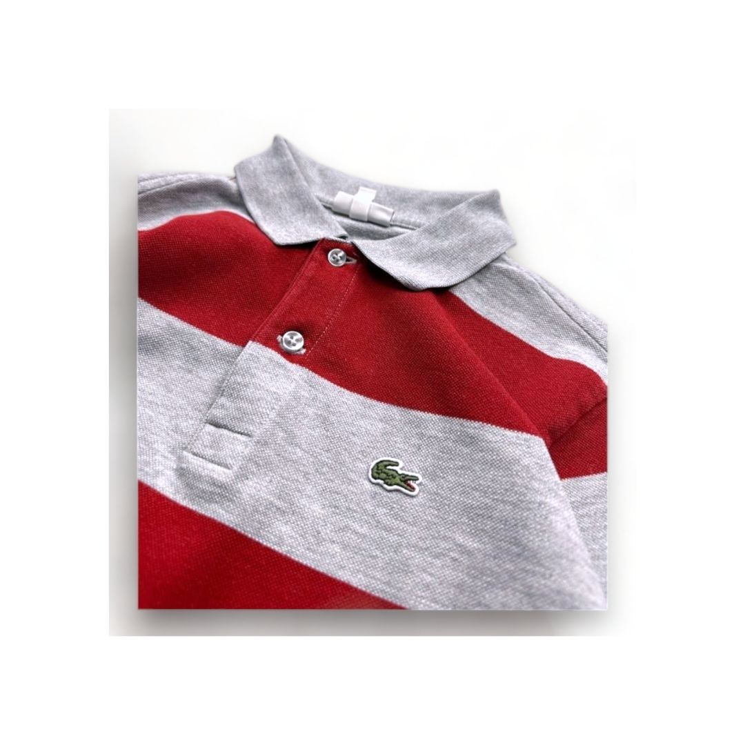 LACOSTE - Polo manches longues à rayures rouge et gris - 12 ans