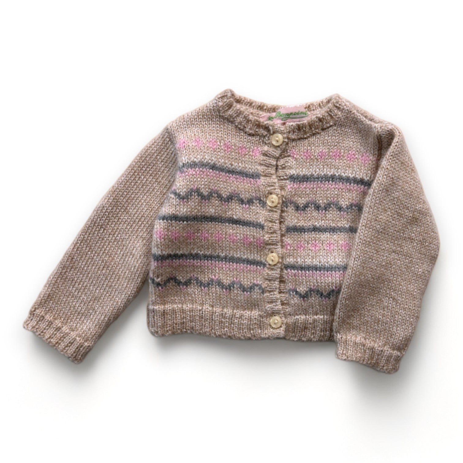 BONPOINT - Beige Alpaka-Strickjacke mit rosa und grauen Drucken - 1 Monat