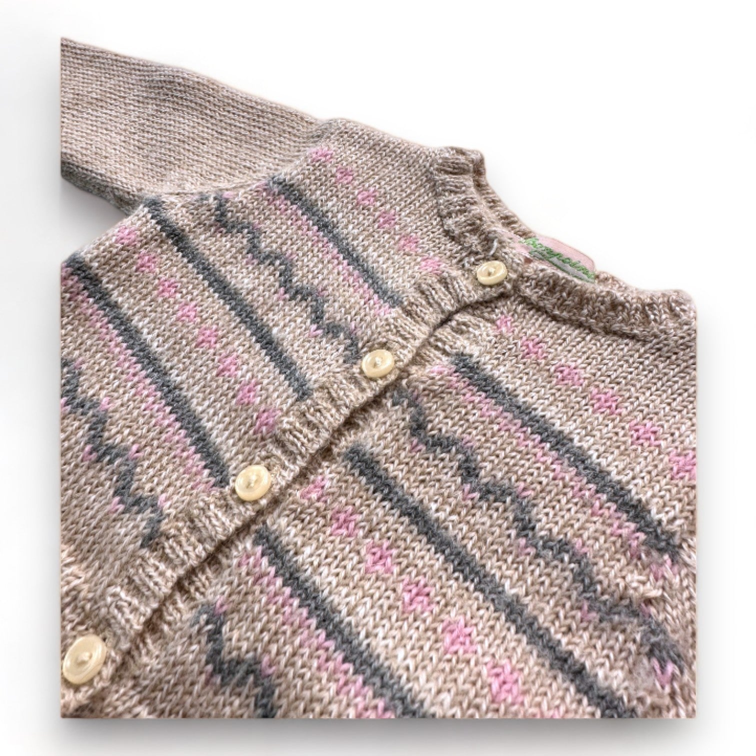 BONPOINT - Beige Alpaka-Strickjacke mit rosa und grauen Drucken - 1 Monat