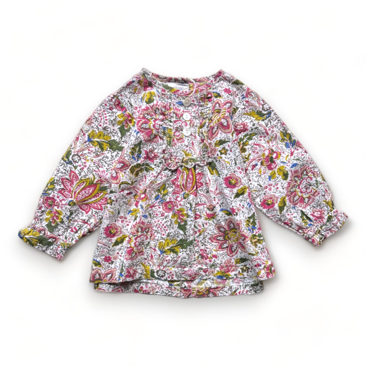 EOIE - Graue Bluse mit rosa und grünen Aufdrucken - 9 Monate