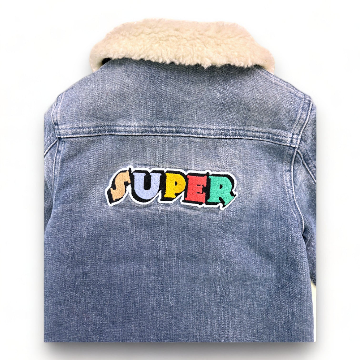 BONTON - New blue denim jacket with fur trim and embroidery on the back - 4 years