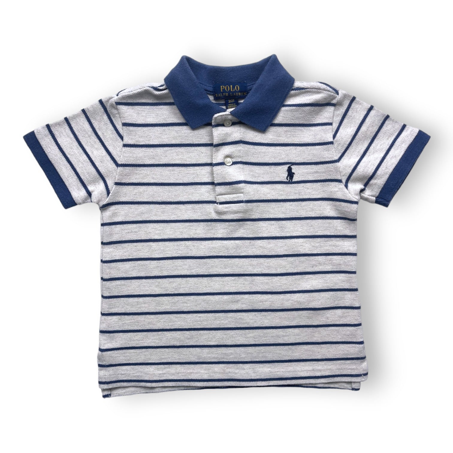 RALPH LAUREN - Grau gestreiftes Poloshirt mit blauem Kragen - 2 Jahre