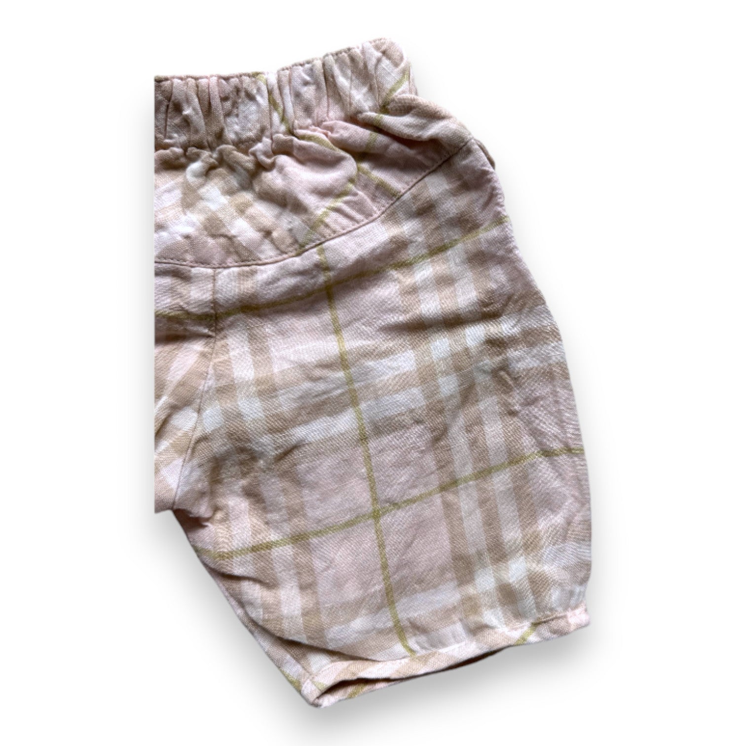 BURBERRY - Short en lin imprimé check Burberry rose et vert - 6 mois