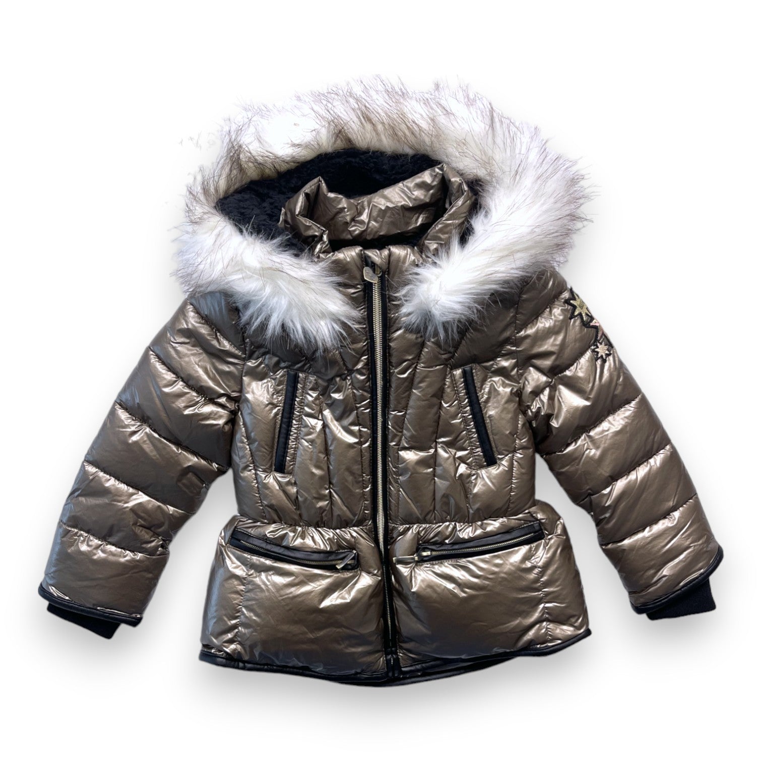 IKKS - Goldene Daunenjacke mit weißer Kunstpelzkapuze - 4 Jahre