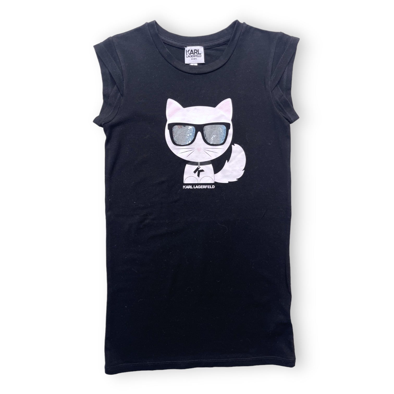 KARL LAGERFELD - Schwarzes Kurzarmkleid mit Katzenmotiv und silberner Brille - 6 Jahre