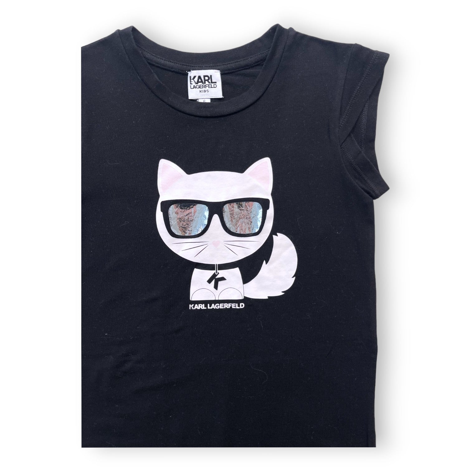 KARL LAGERFELD - Schwarzes Kurzarmkleid mit Katzenmotiv und silberner Brille - 6 Jahre