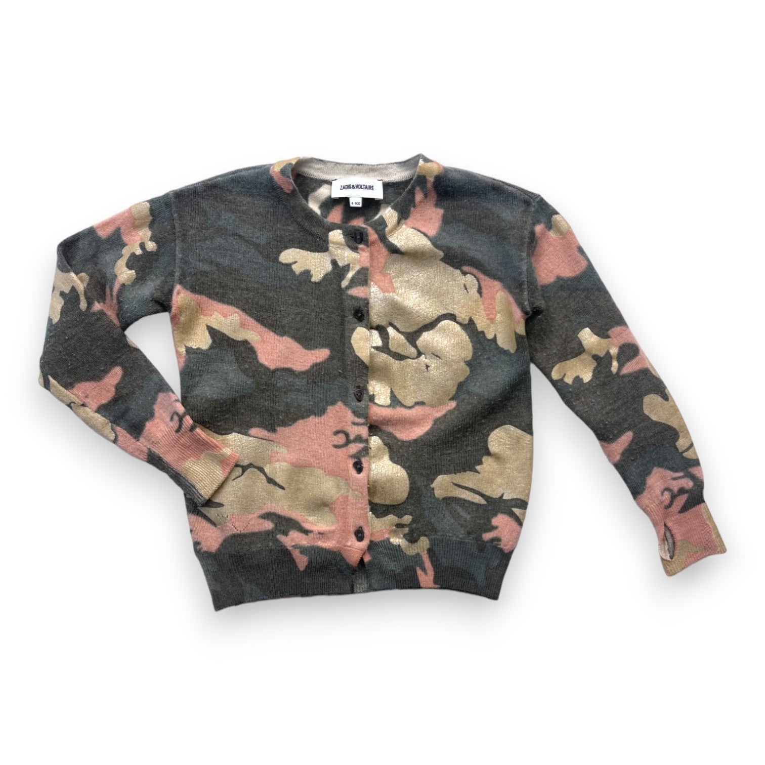ZADIG & VOLTAIRE - Wollcardigan mit grünem, rosa und goldenem Camouflage-Muster - 4 Jahre