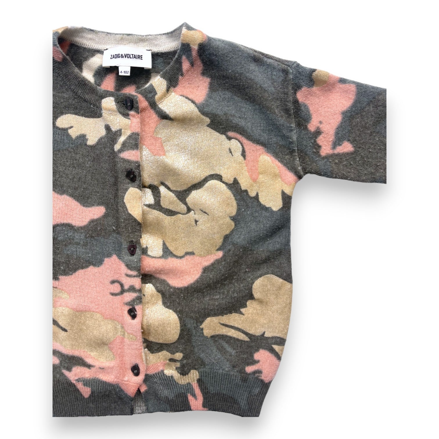 ZADIG & VOLTAIRE - Wollcardigan mit grünem, rosa und goldenem Camouflage-Muster - 4 Jahre