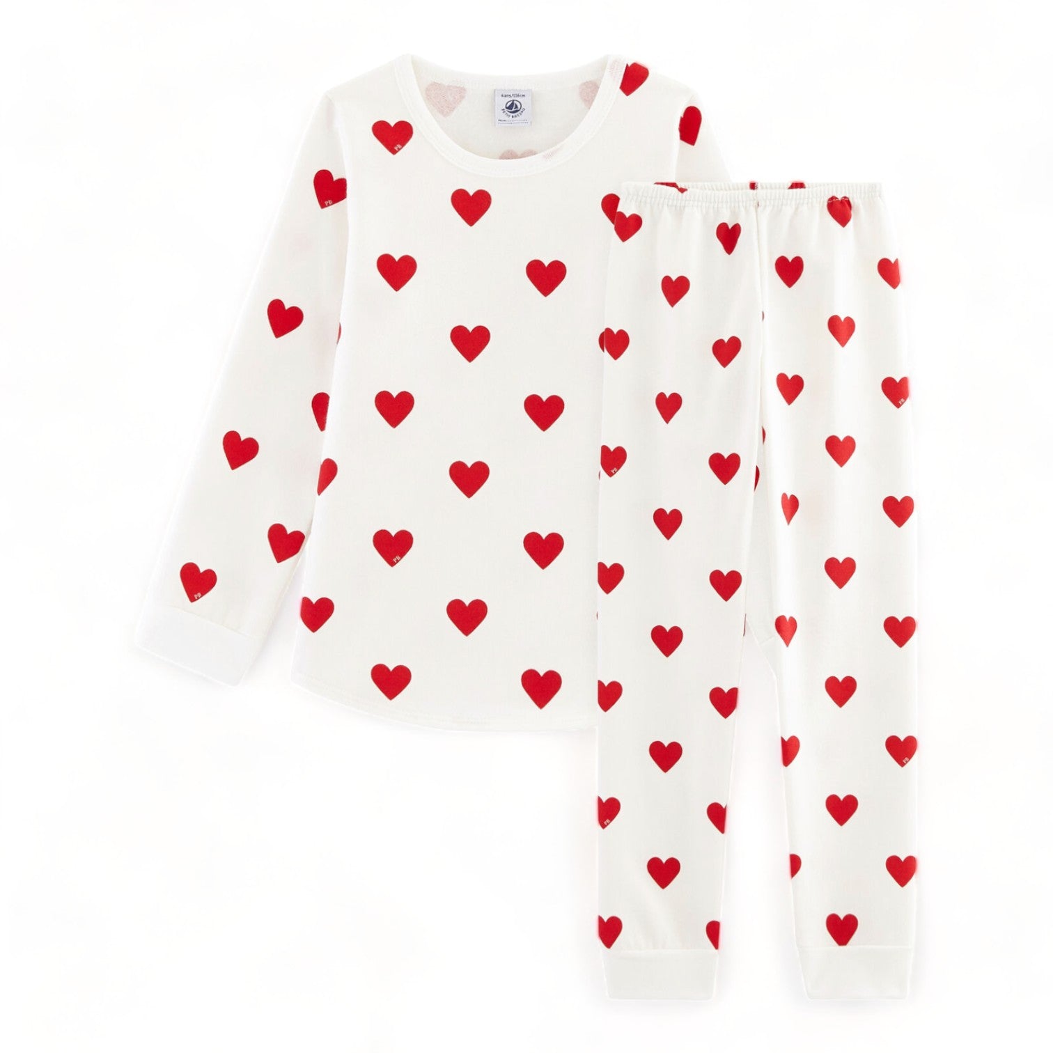 PETIT BATEAU - Ecrufarbener Pyjama mit Herzmuster (neu) - 5 Jahre