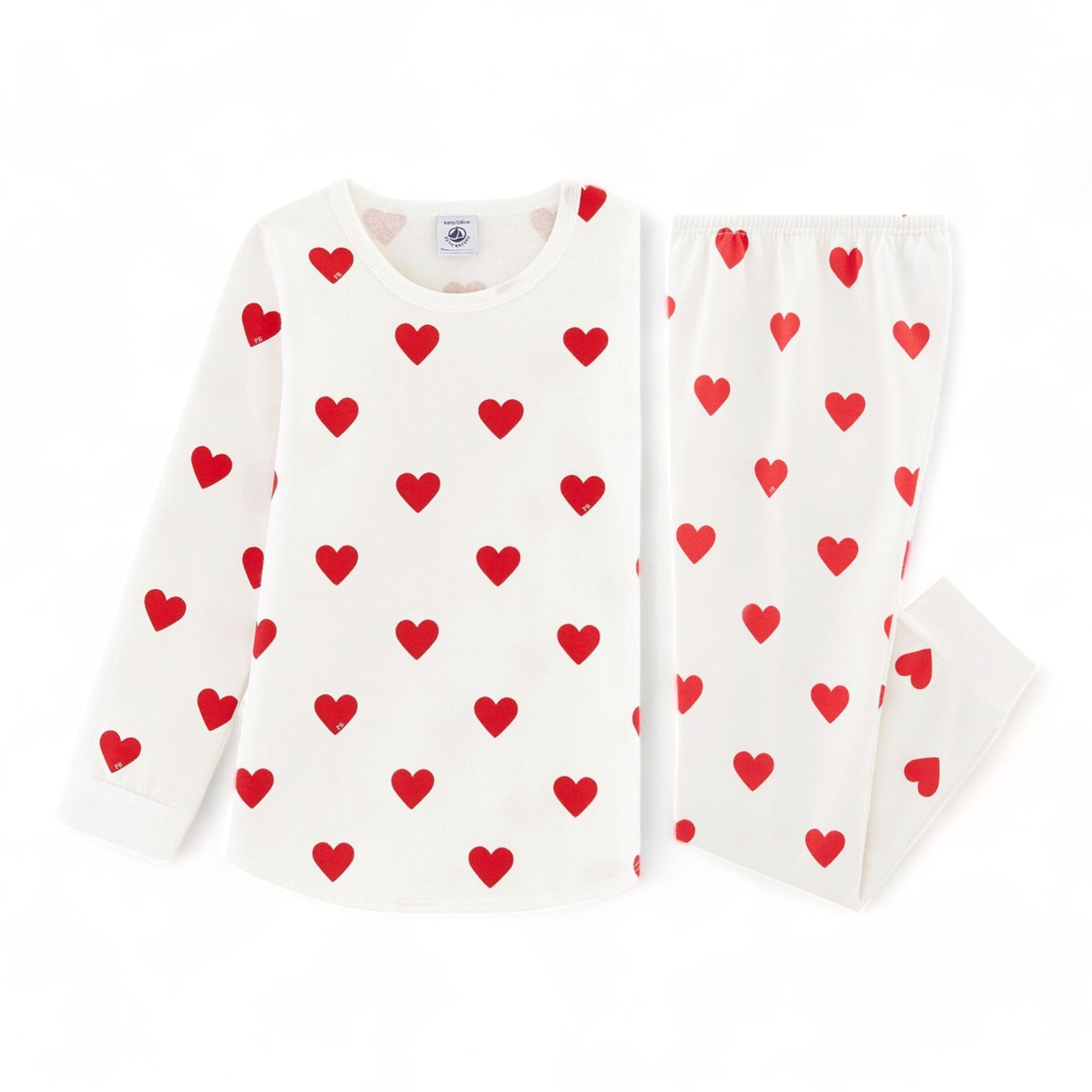 PETIT BATEAU - Ecrufarbener Pyjama mit Herzmuster (neu) - 5 Jahre