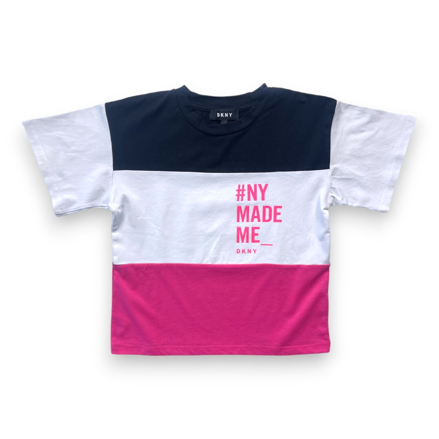 DKNY - T shirt noir blanc et rose "#NY made me" - 6 ans