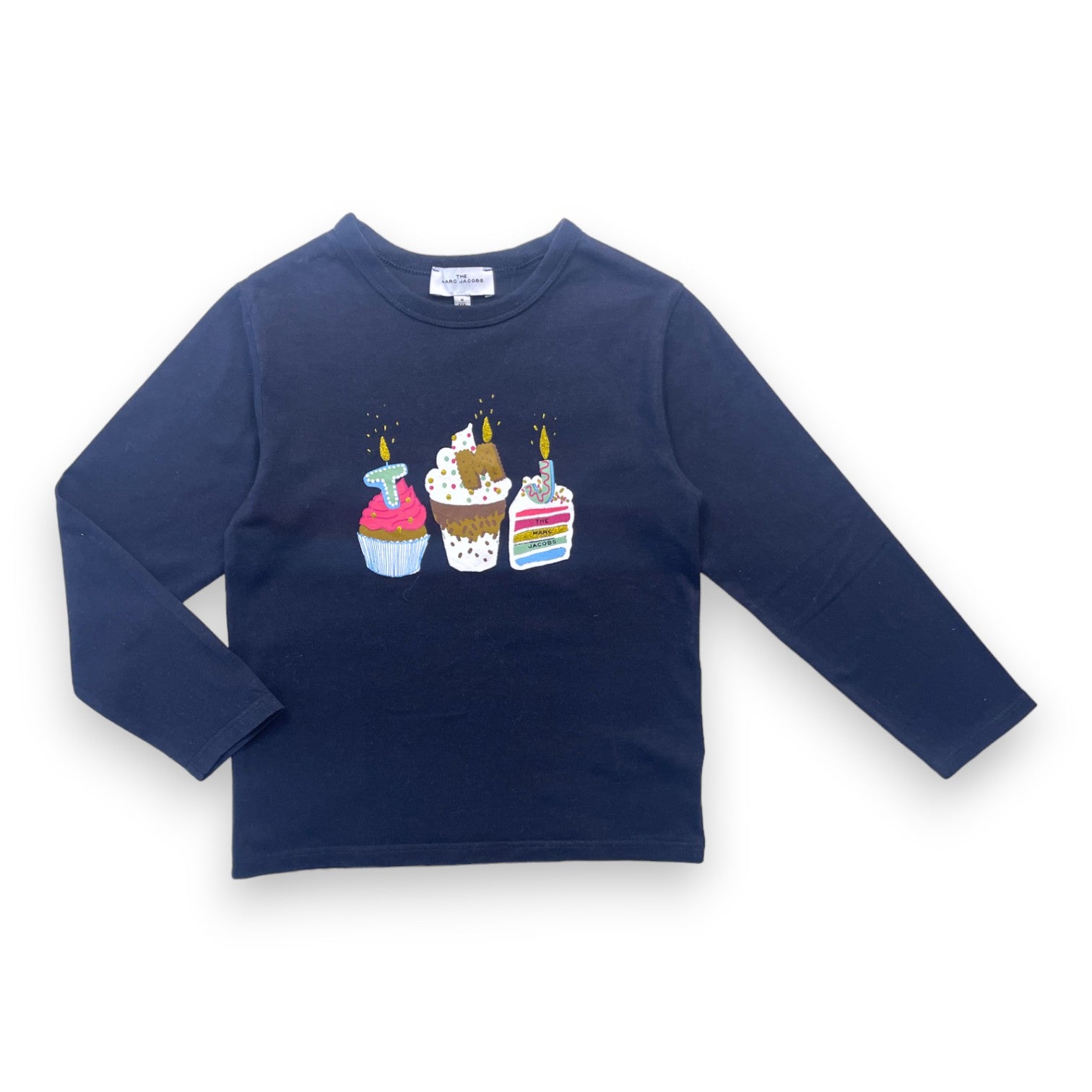 MARC JACOBS - T shirt manches longues bleu marine à imprimé anniversaire - 6 ans