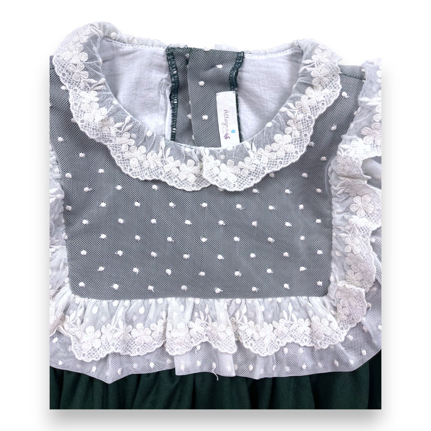 ALLEGRA - Robe en velours de soie verte à col dentelle - 8 ans