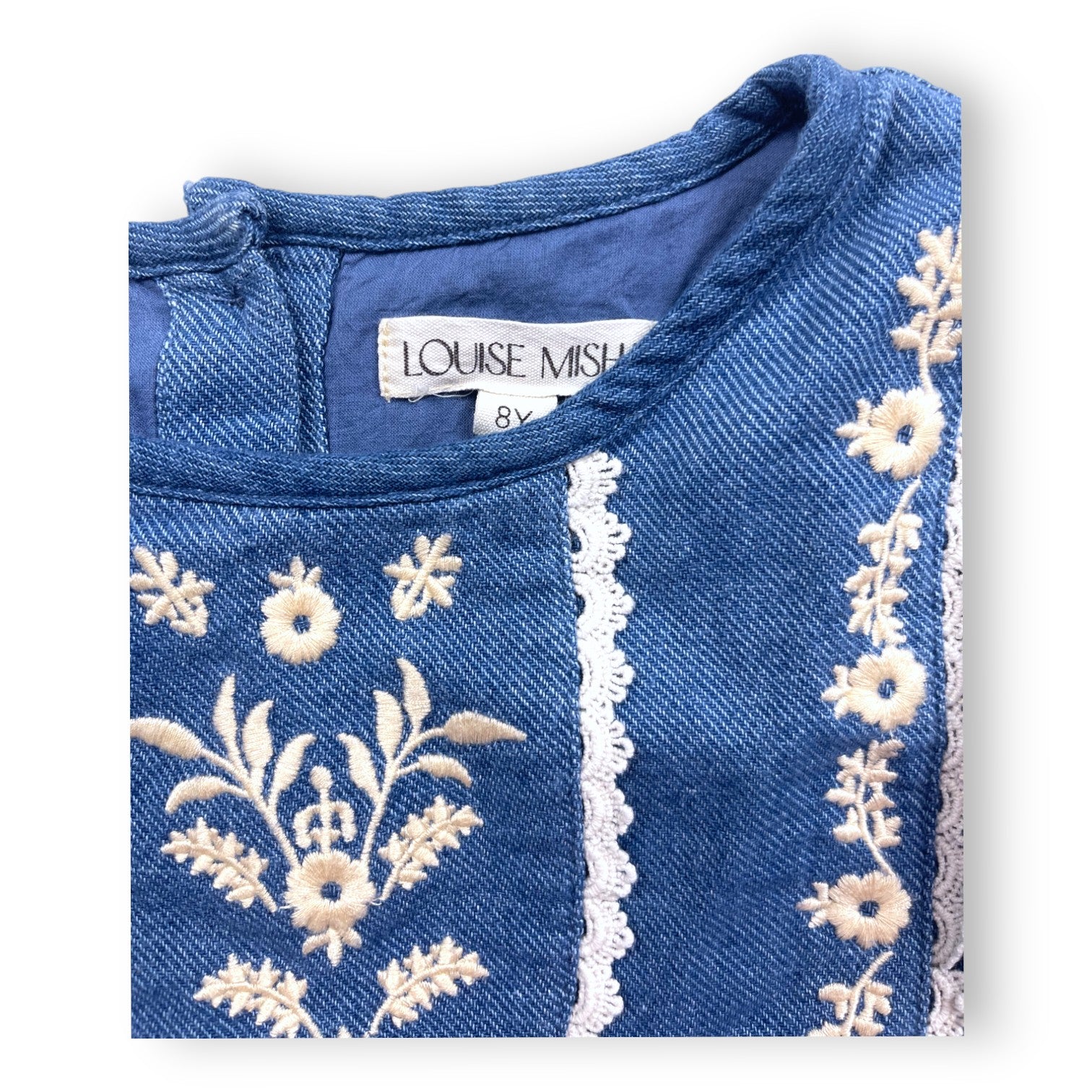 LOUISE MISHA - Jeansblaues Kleid mit weißen Details und Spitze - 8 Jahre