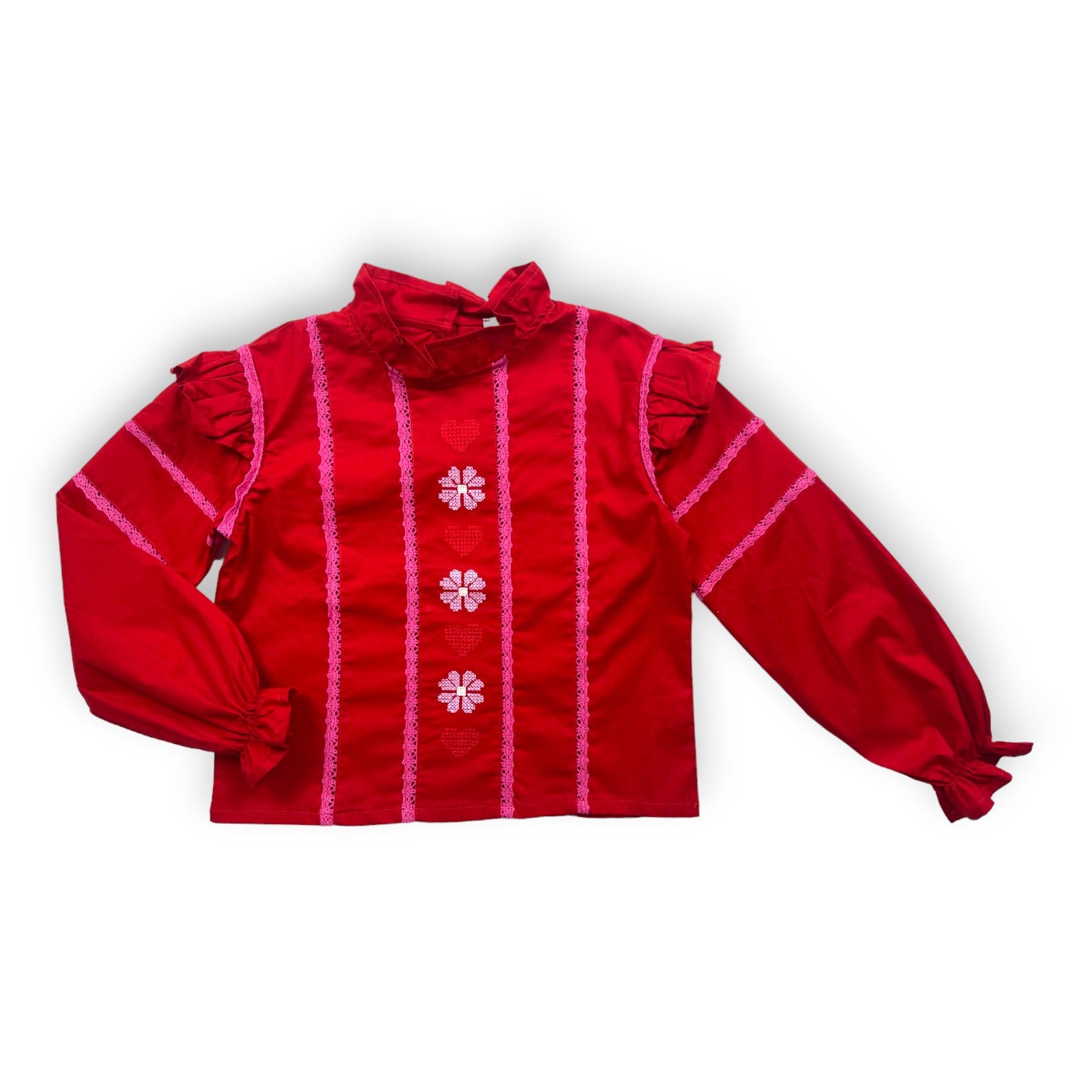 RASPBERRY PLUM - Red blouse with pink lace and embroidered flowers - 7/8 years