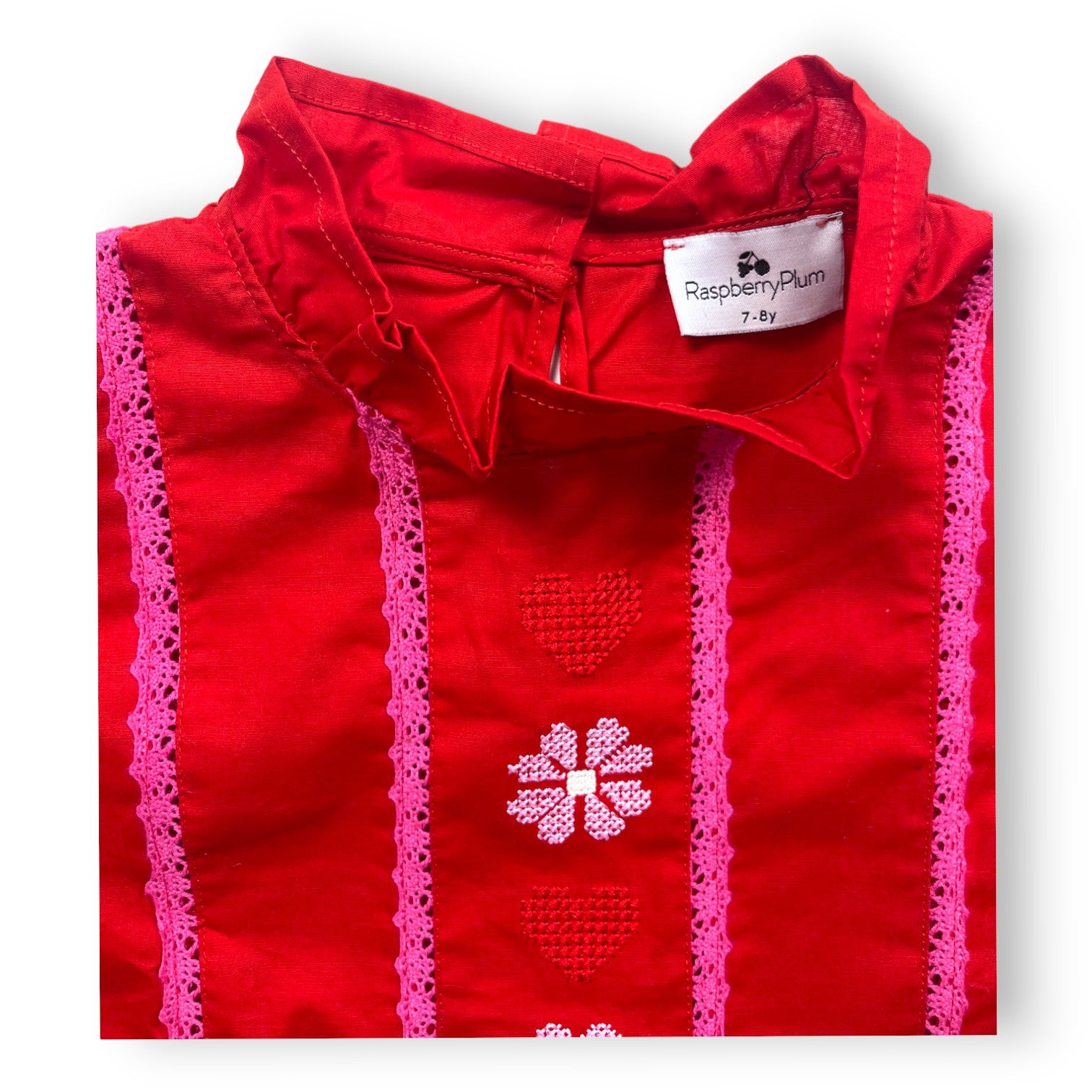 RASPBERRY PLUM - Red blouse with pink lace and embroidered flowers - 7/8 years