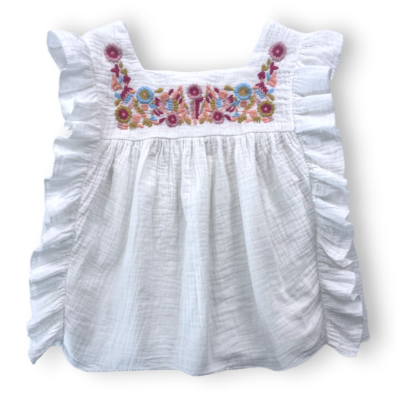 LOUISE MISHA - Weißes Baumwollgaze-Top mit Rüschen und bunter Stickerei - 8 Jahre