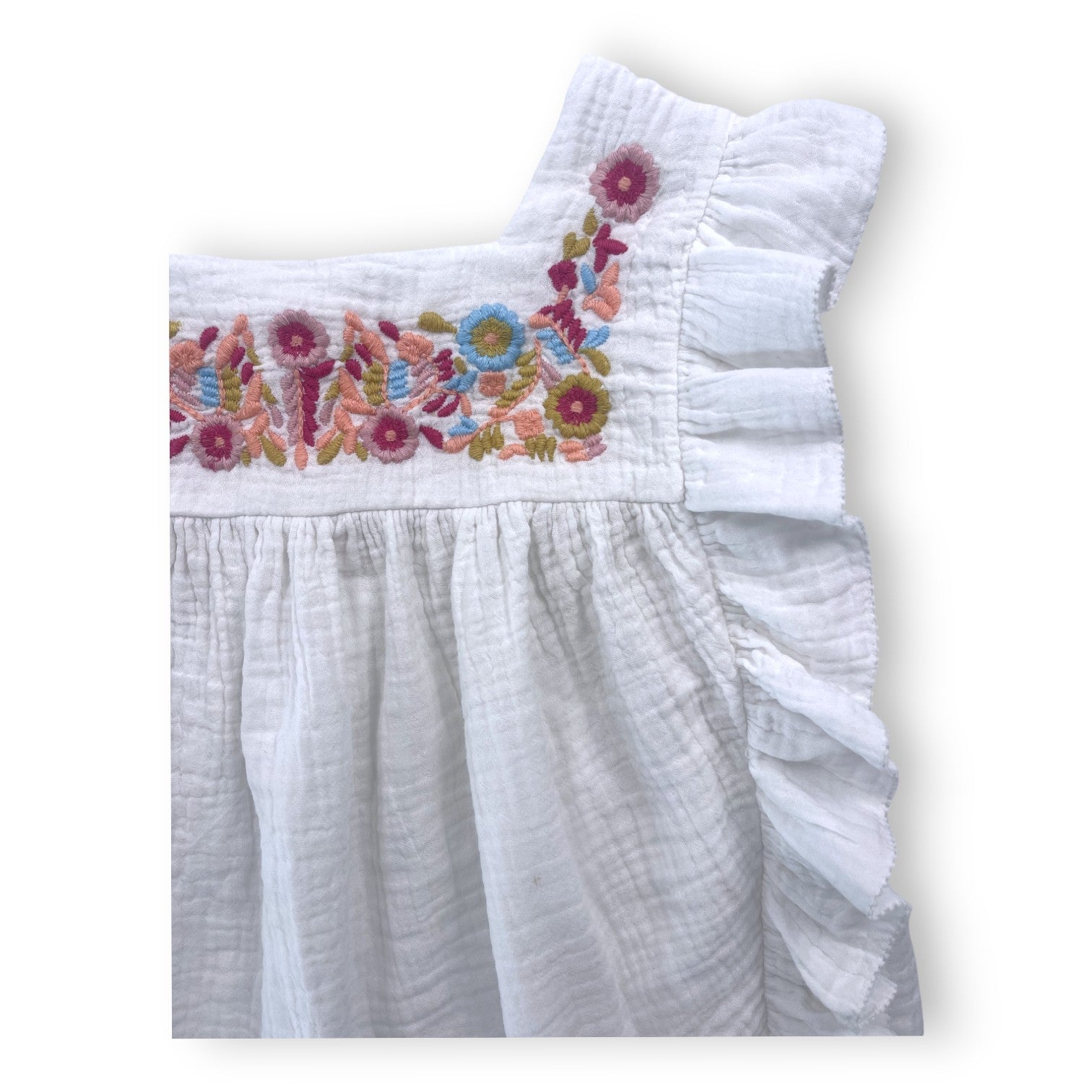 LOUISE MISHA - Weißes Baumwollgaze-Top mit Rüschen und bunter Stickerei - 8 Jahre