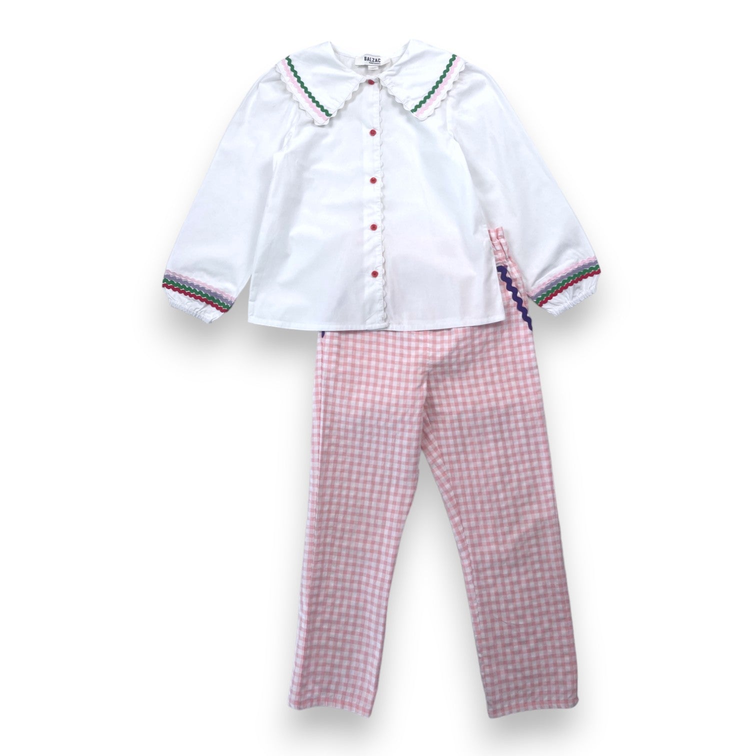 BALZAC - Ensemble blouse blanche et pantalon vichy rose - 8 ans