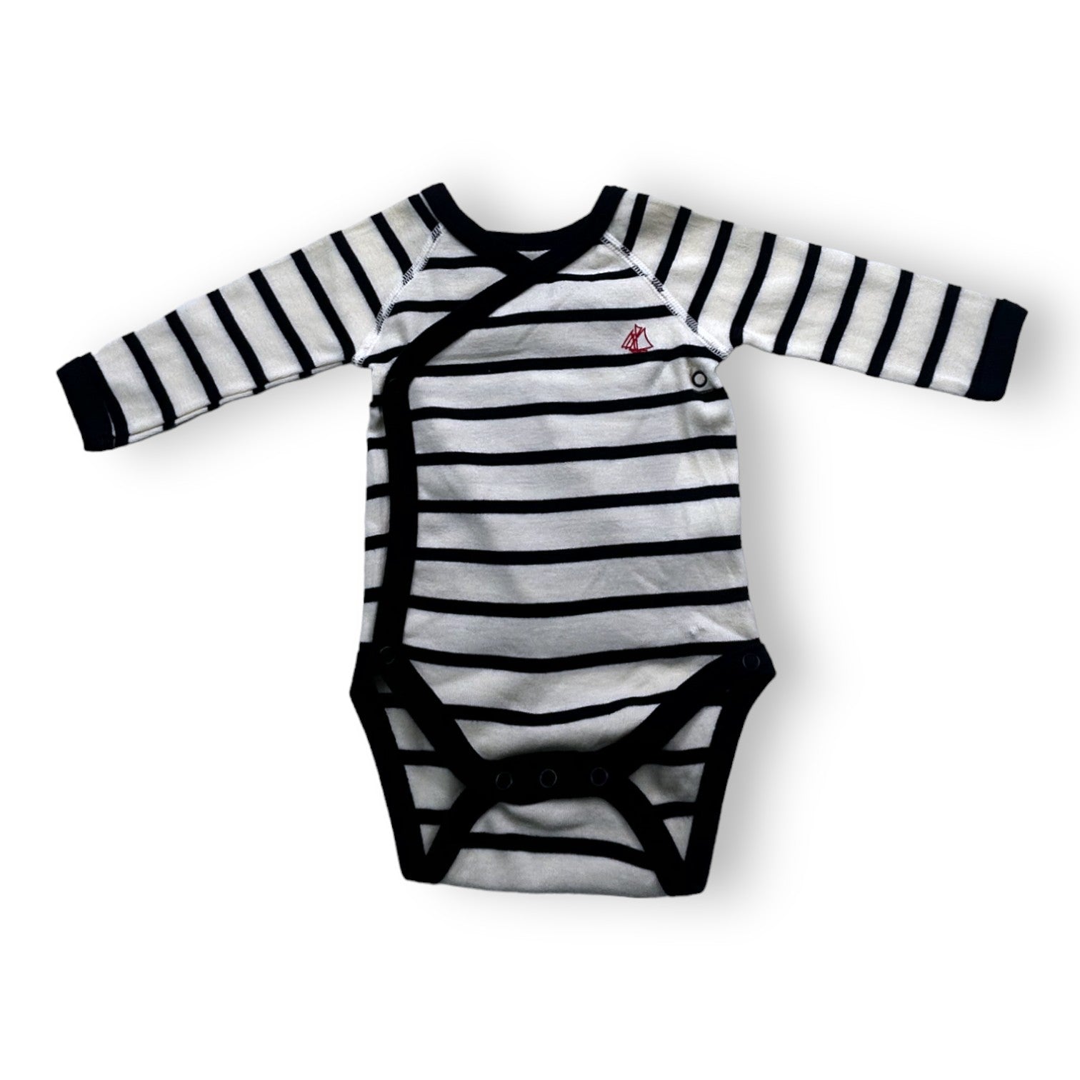 PETIT BATEAU - Body croisé manches longues blanc à rayures noires - 1 mois