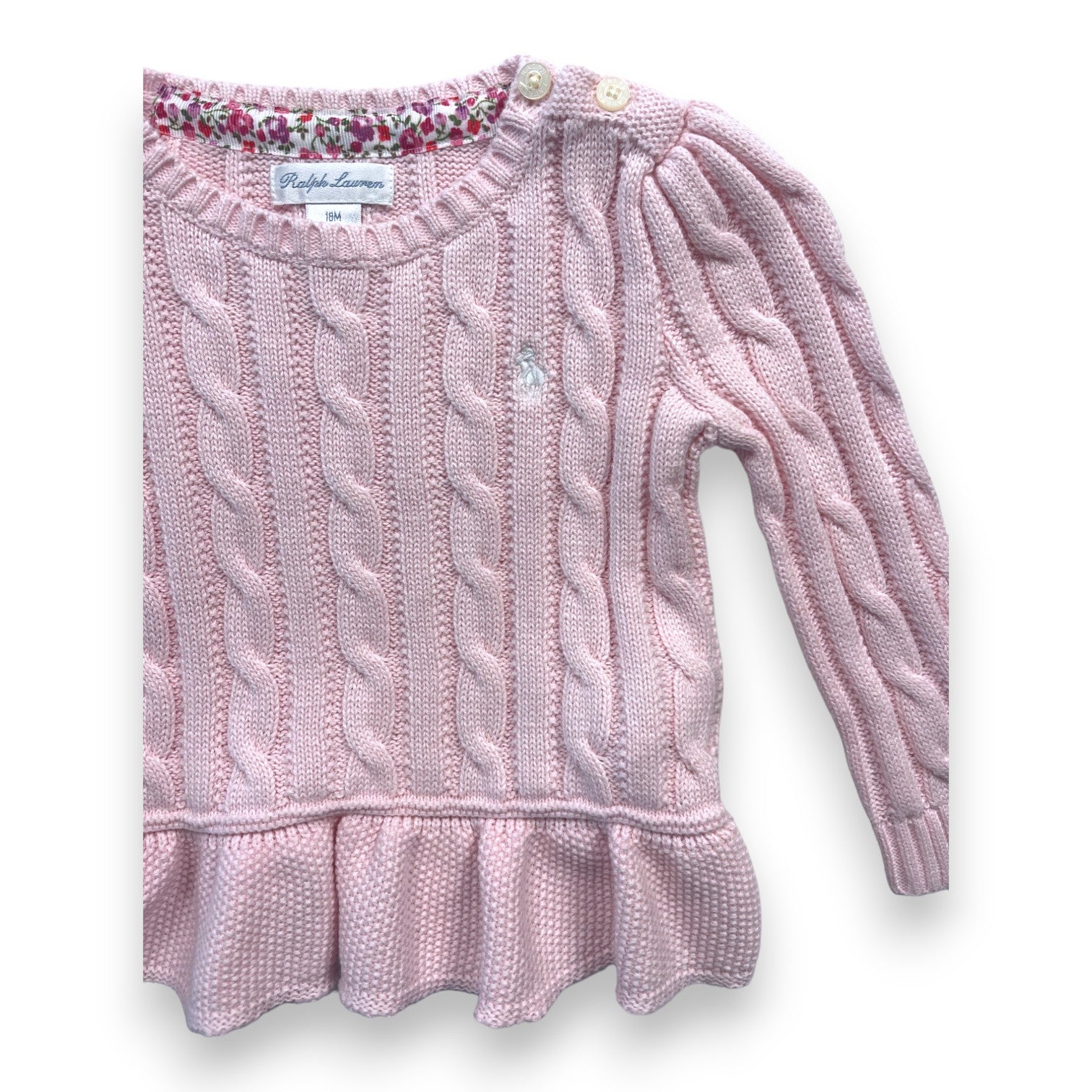 RALPH LAUREN - Rosa Zopfmusterpullover mit Rüschen - 18 Monate