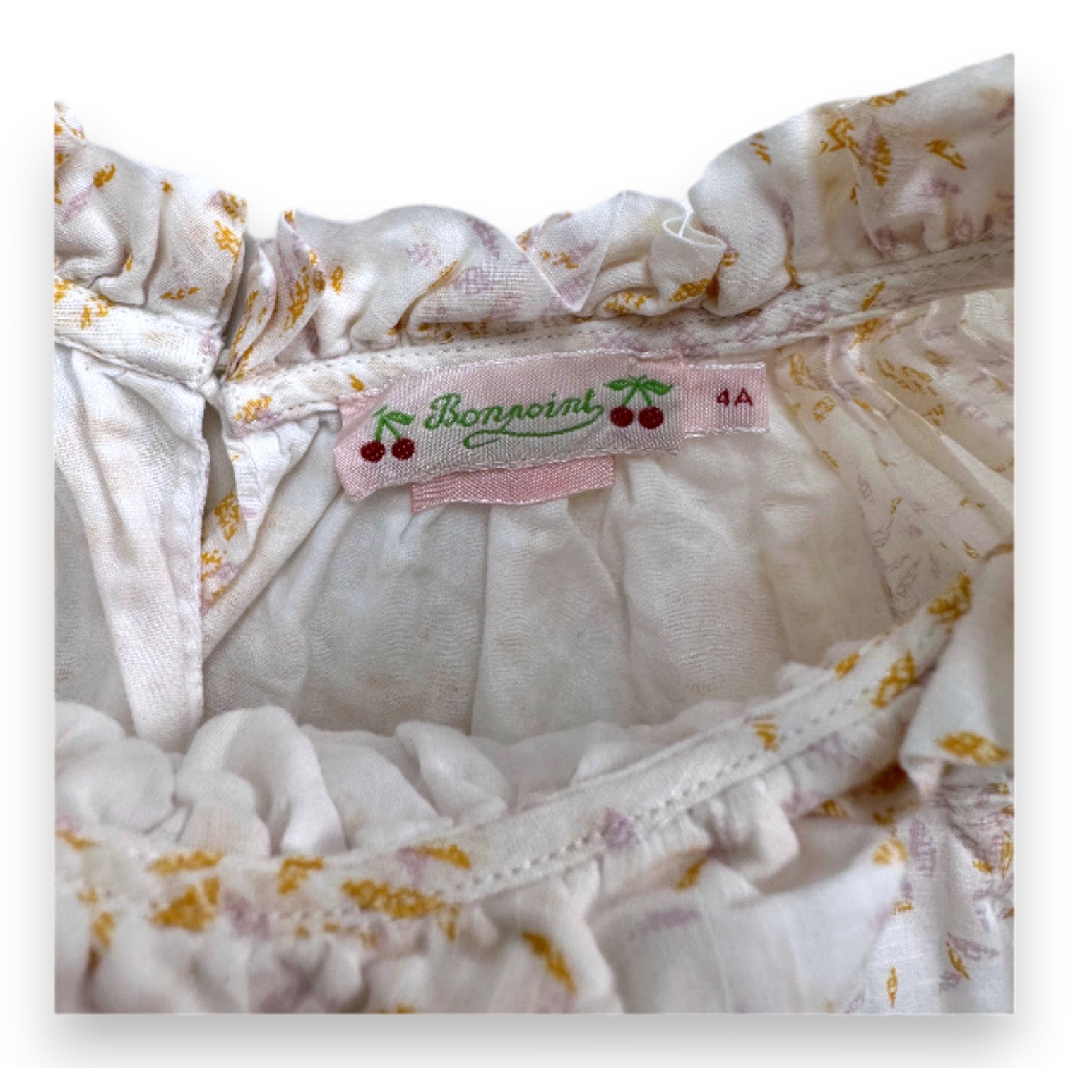 BONPOINT - Weißes Kleid mit lila und gelben Drucken - 4 Jahre