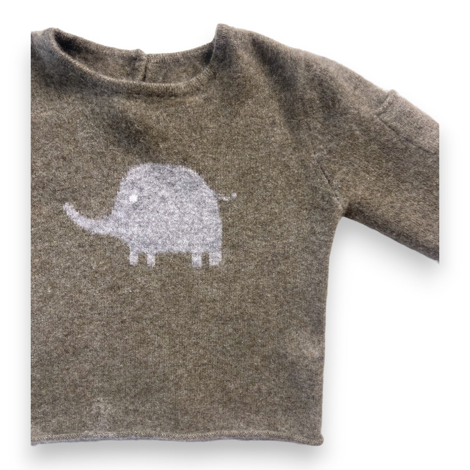 VINTAGE - Khaki cashmere sweater with elephant pattern - 6/12 months