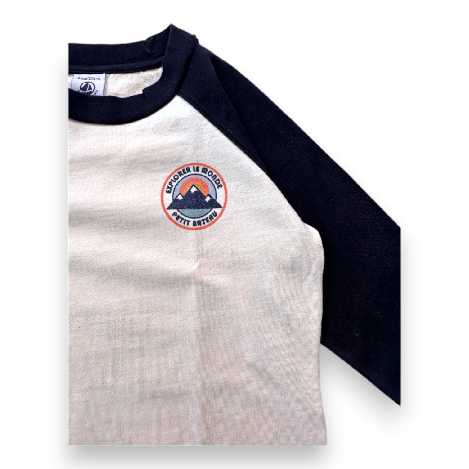PETIT BATEAU - Beige and blue long-sleeved T-shirt - 4 years