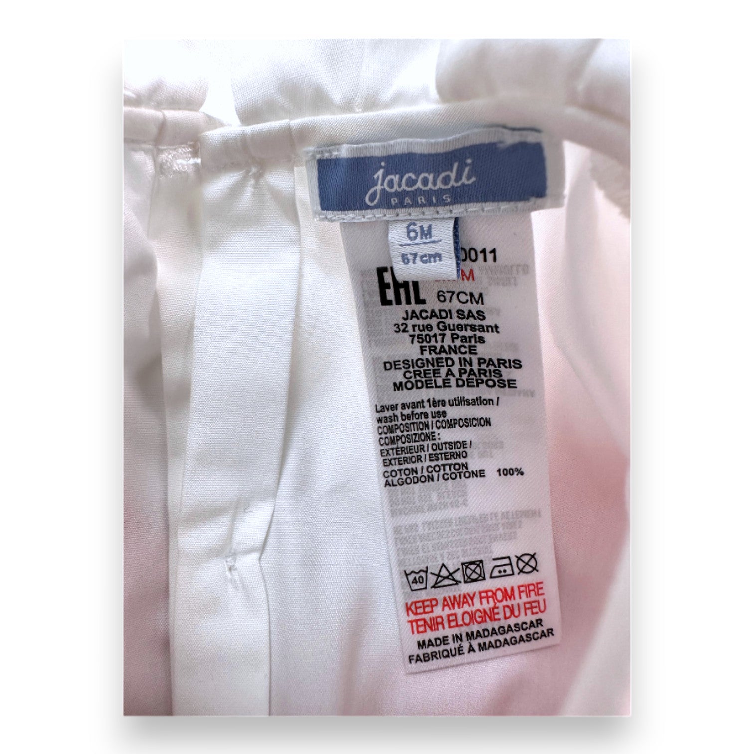 JACADI - Ensemble salopette rouge avec blouse blanche - 6 mois