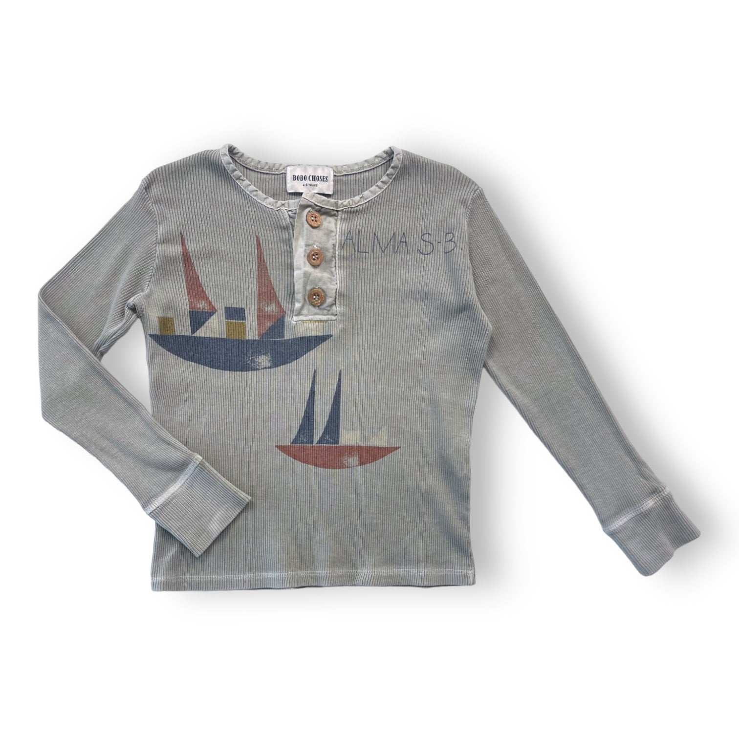 BOBO CHOSES - Langärmliges, geripptes T-Shirt in Khaki - 4/5 Jahre