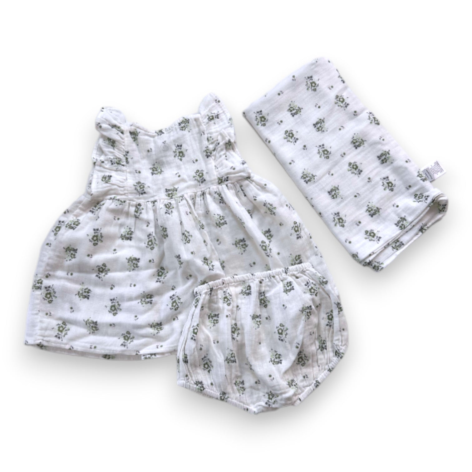PETIT BATEAU - Weißes Kleid mit grünen Blumen, Pumphose und Wickelset - 6 Monate