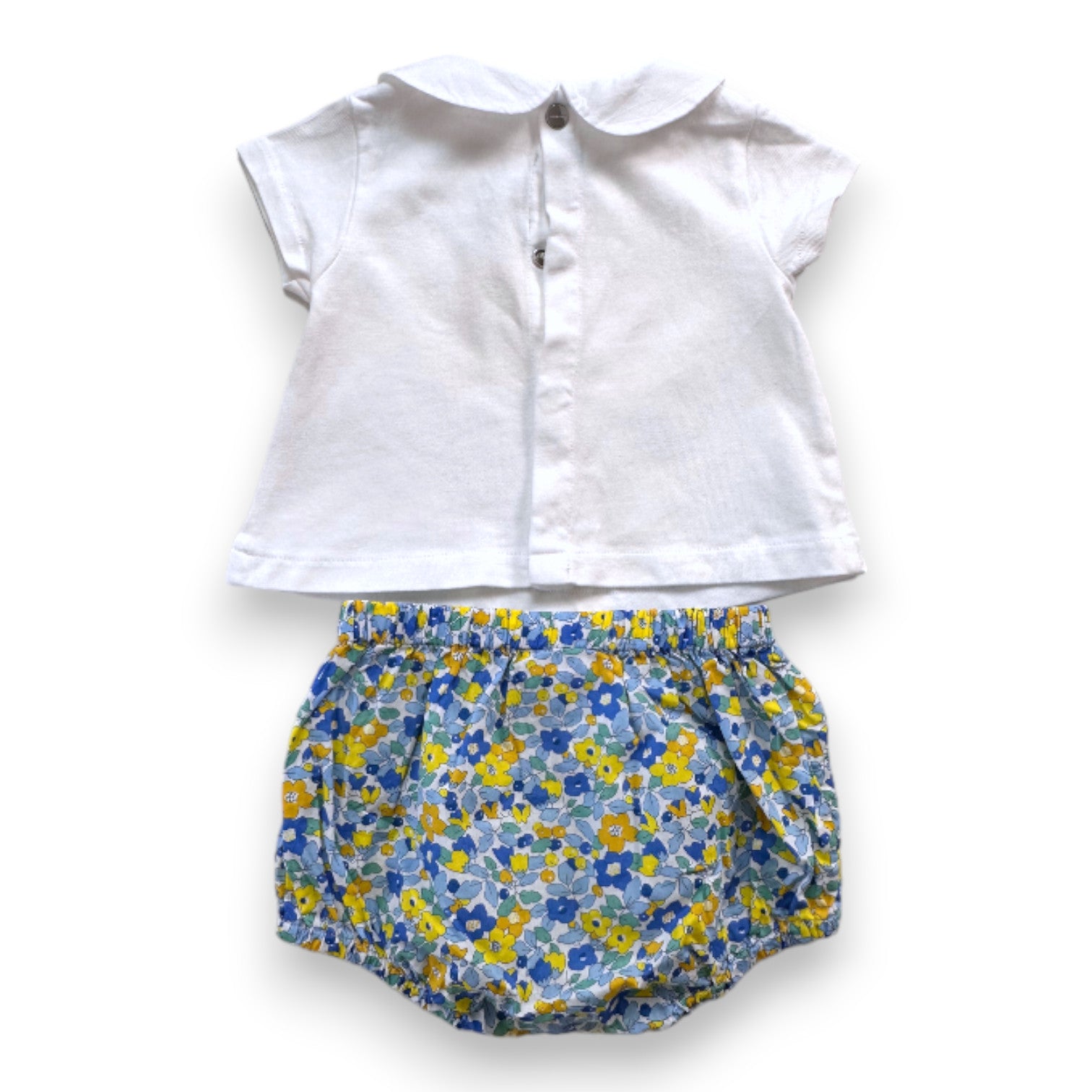 JACADI - Weißes T-Shirt mit gelbem Aufdruck und geblümter Pumphose - 3 Monate