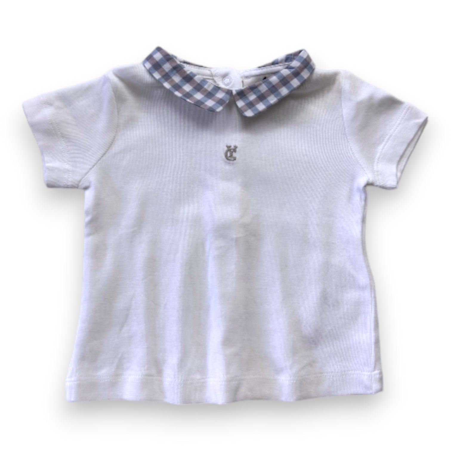 CYRILLUS - White short-sleeved T-shirt with gingham collar - 6 months