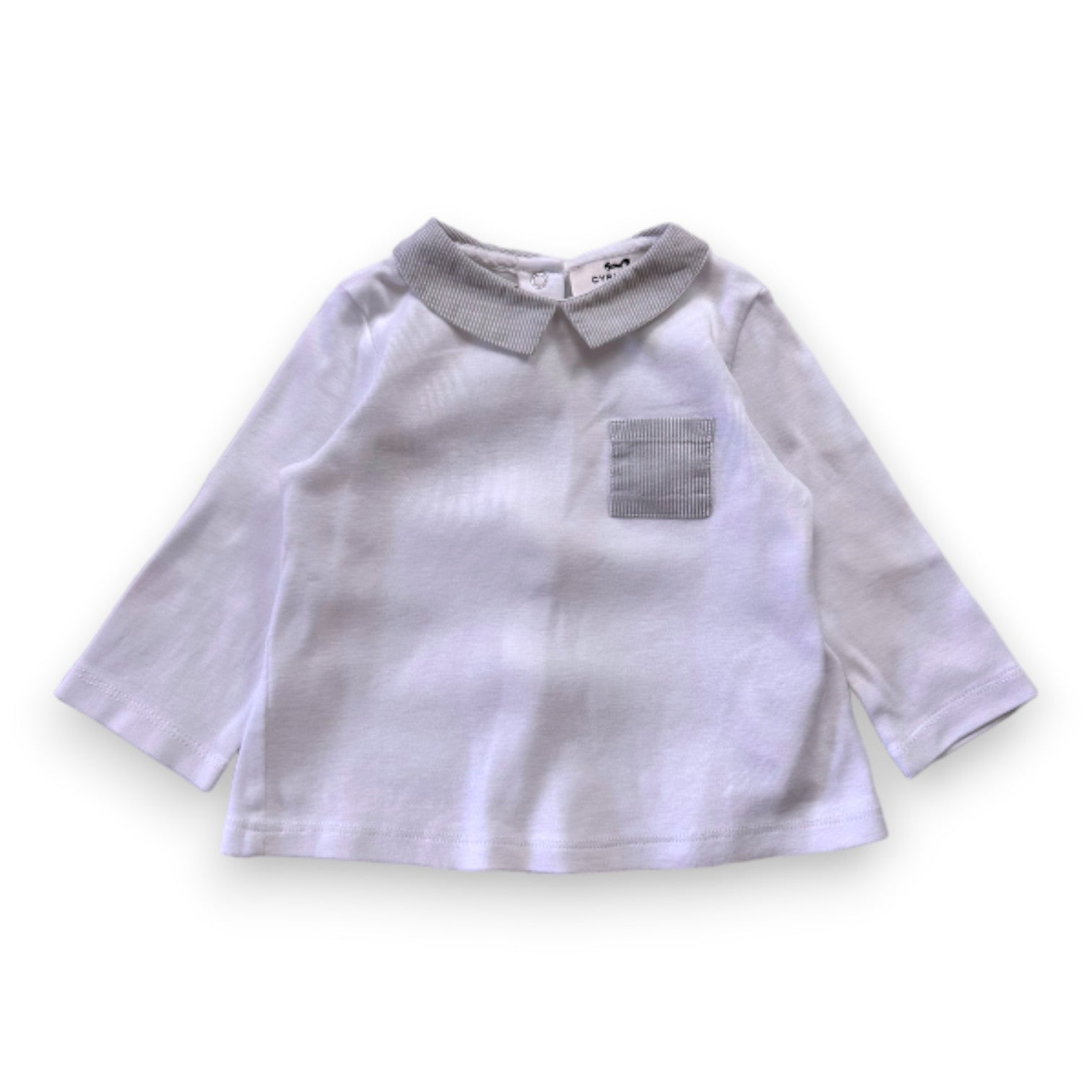 CYRILLUS - White long-sleeved T-shirt with brown and white striped collar - 9 months