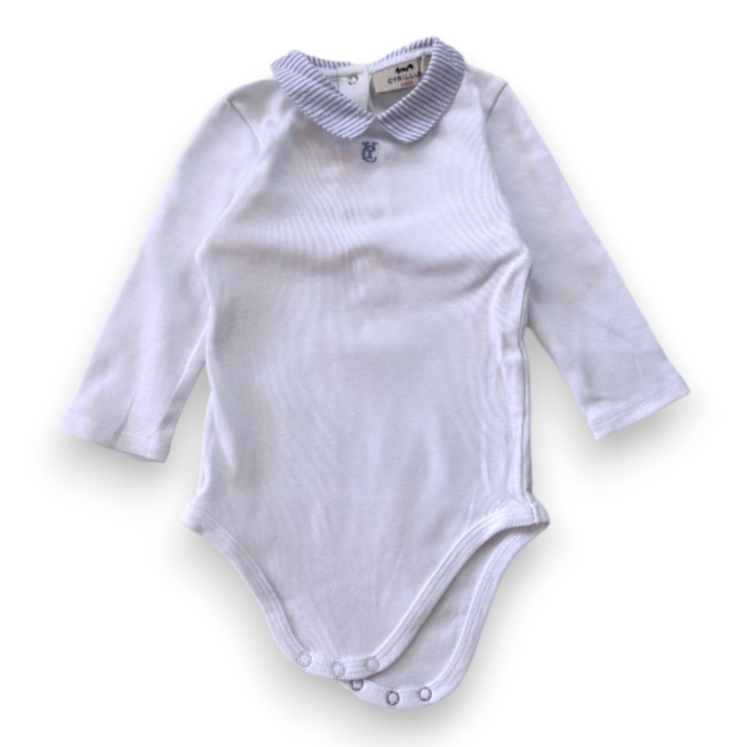 CYRILLUS - White long-sleeved bodysuit with blue detail - 9 months