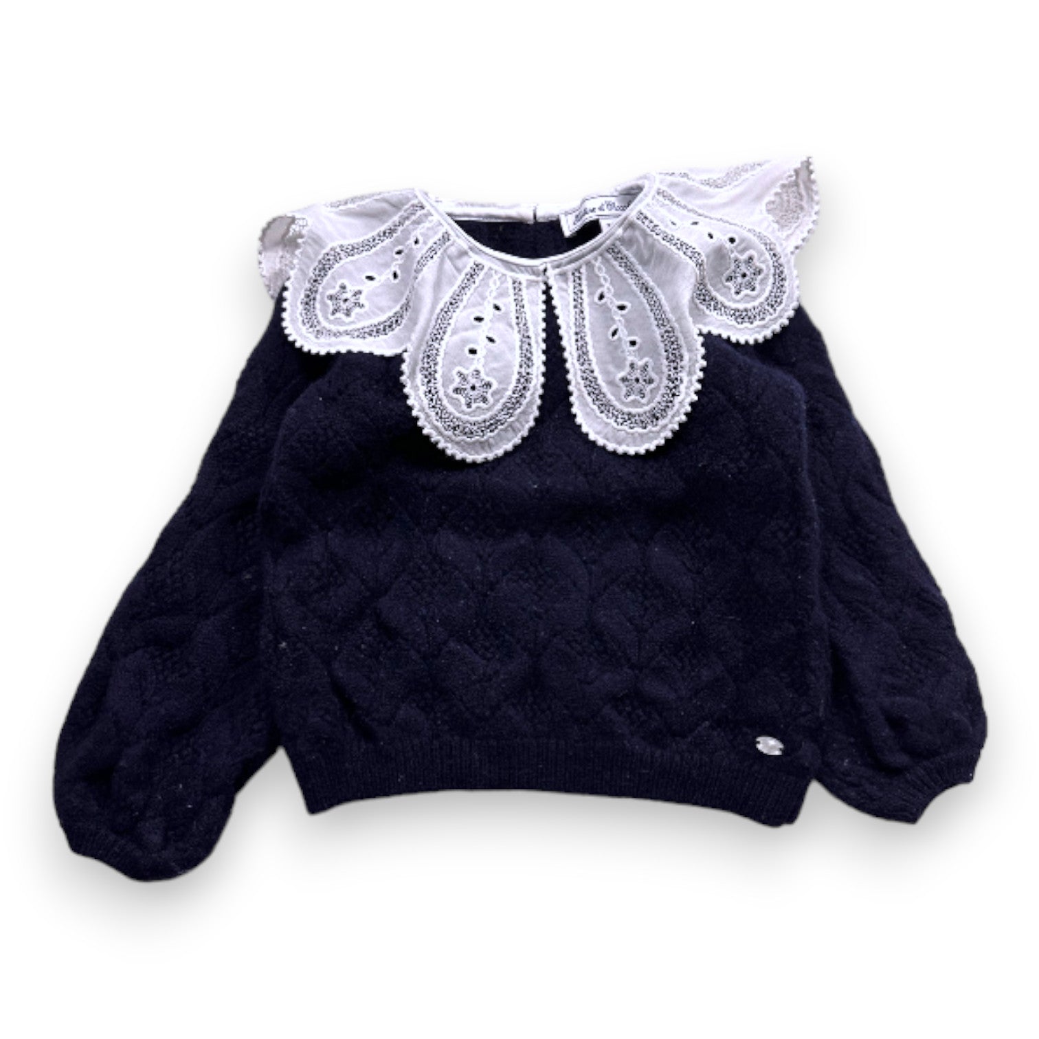 TARTINE & CHOCOLAT - Navy blue wool sweater with embroidered white collar - 5 years