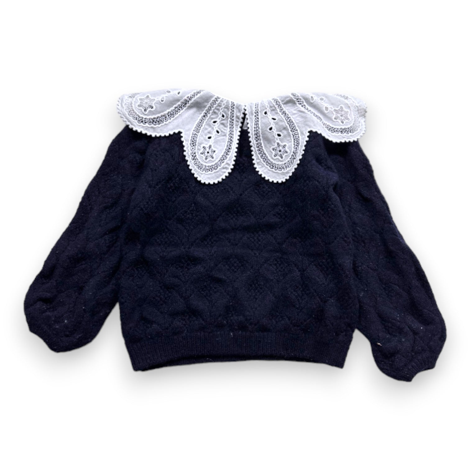 TARTINE & CHOCOLAT - Navy blue wool sweater with embroidered white collar - 5 years