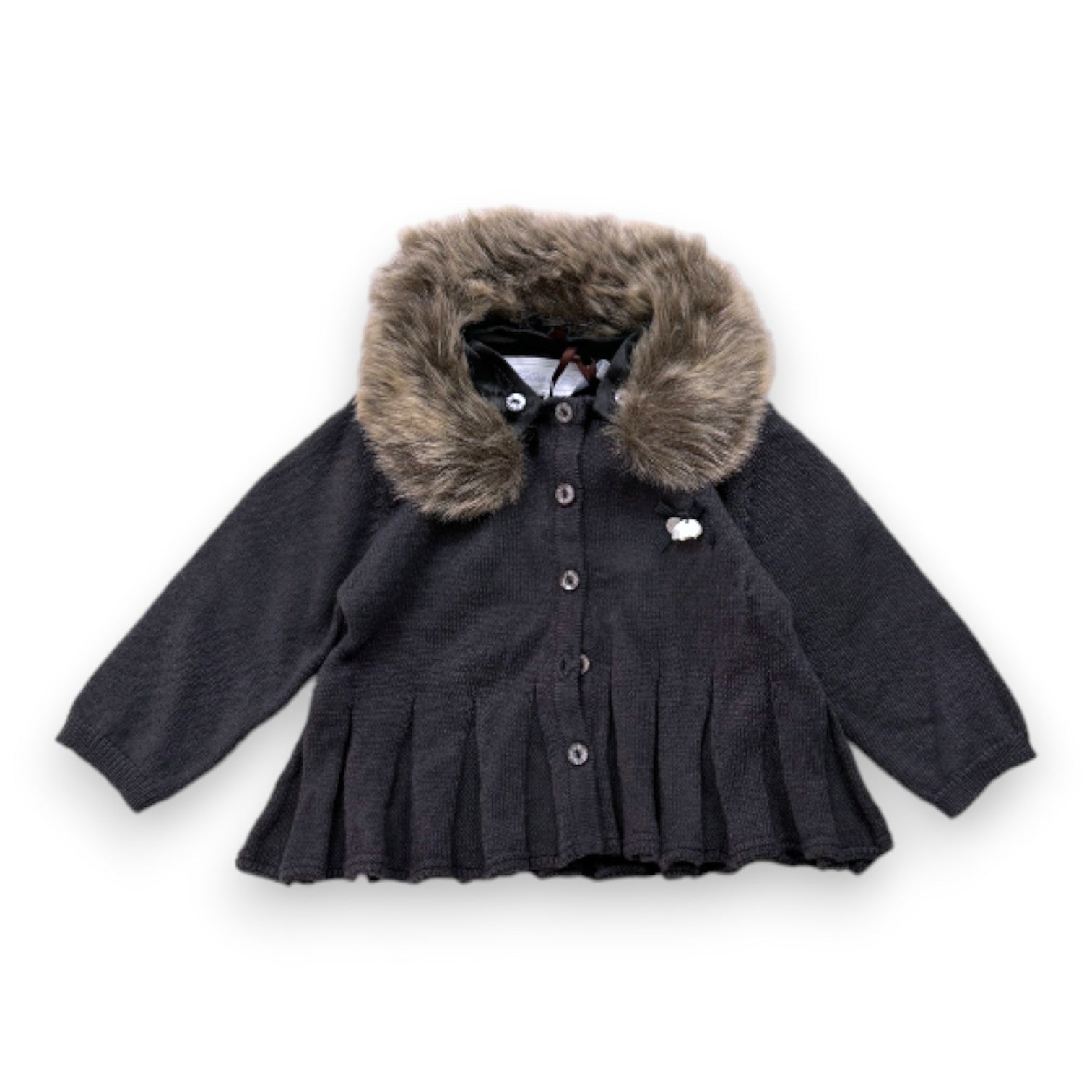 TARTINE & CHOCOLAT - Neue graue Kaschmir-Strickjacke mit Pelzkragen - 3 Monate