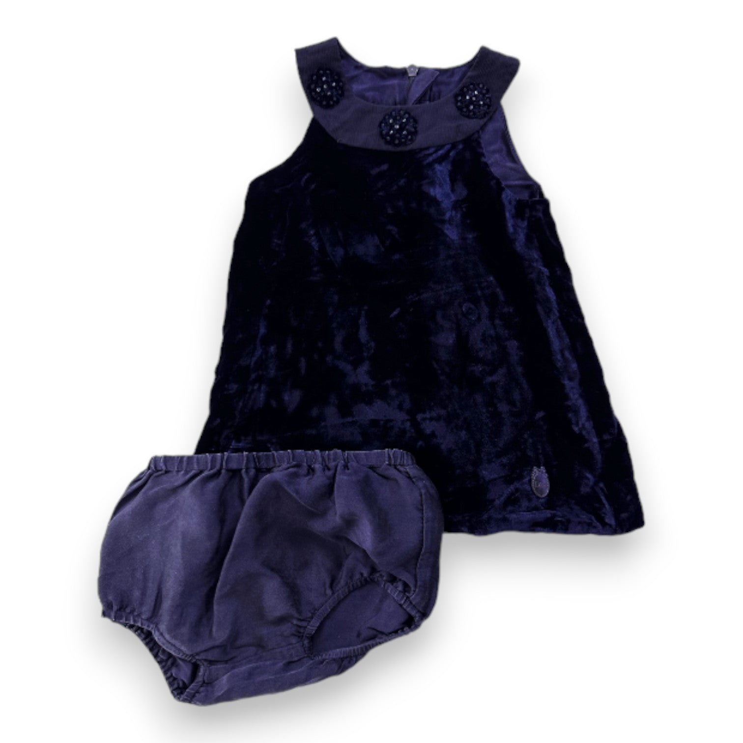 BABY DIOR - Velvet dress and navy blue silk bloomers set - 3 months