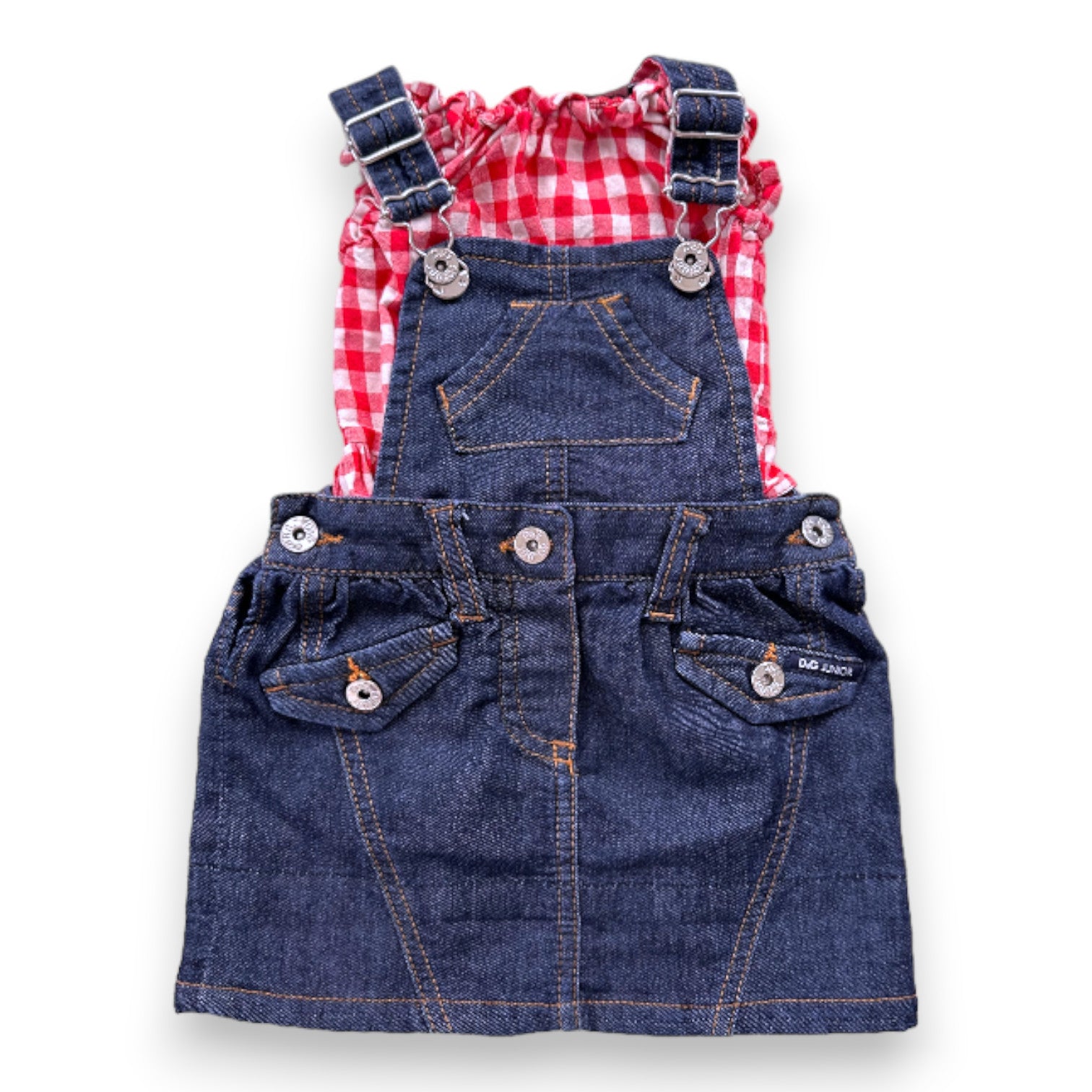 DOLCE & GABBANA – Set aus T-Shirt mit Vichy-Karomuster und Latzrock aus blauem Denim – 3 Monate