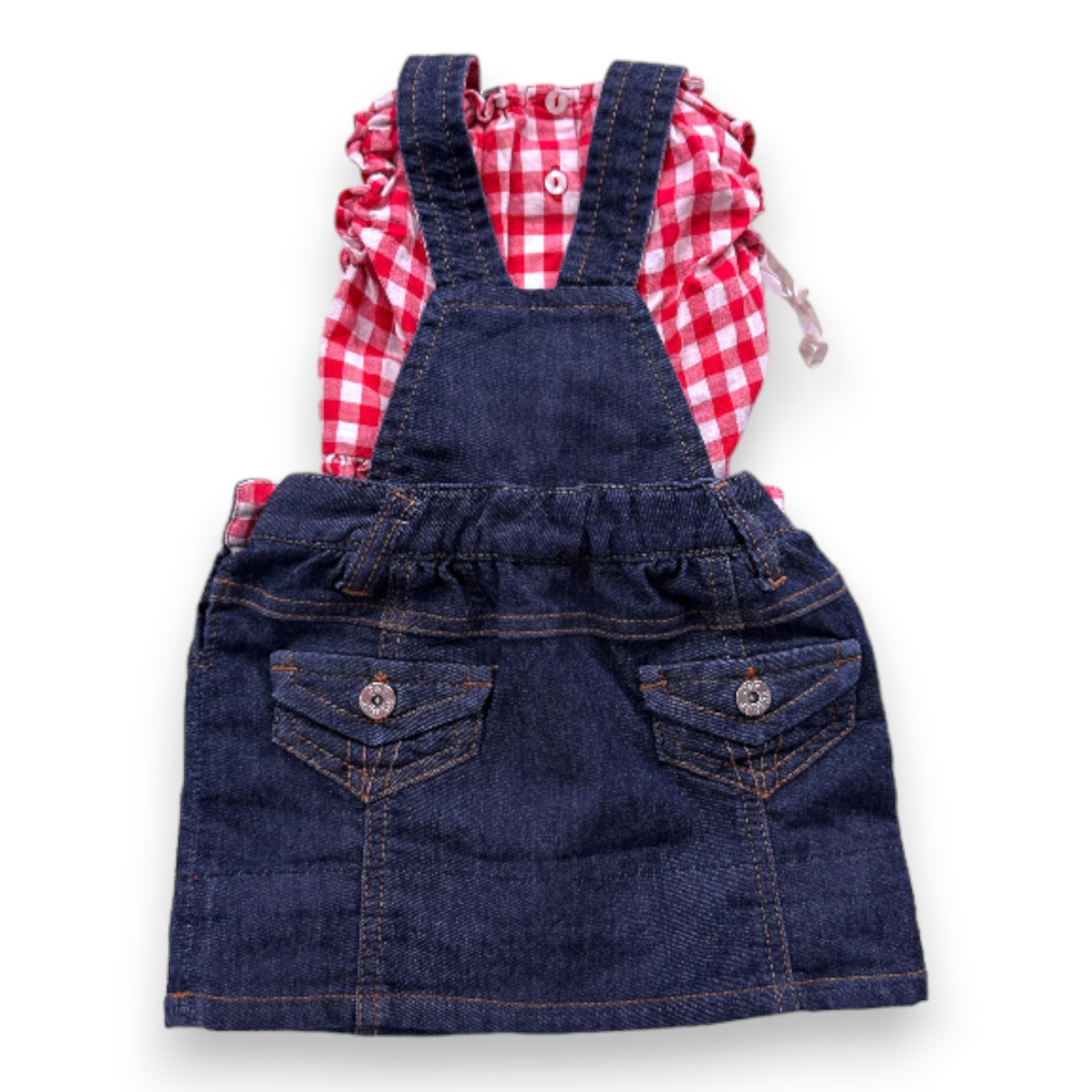 DOLCE & GABBANA – Set aus T-Shirt mit Vichy-Karomuster und Latzrock aus blauem Denim – 3 Monate