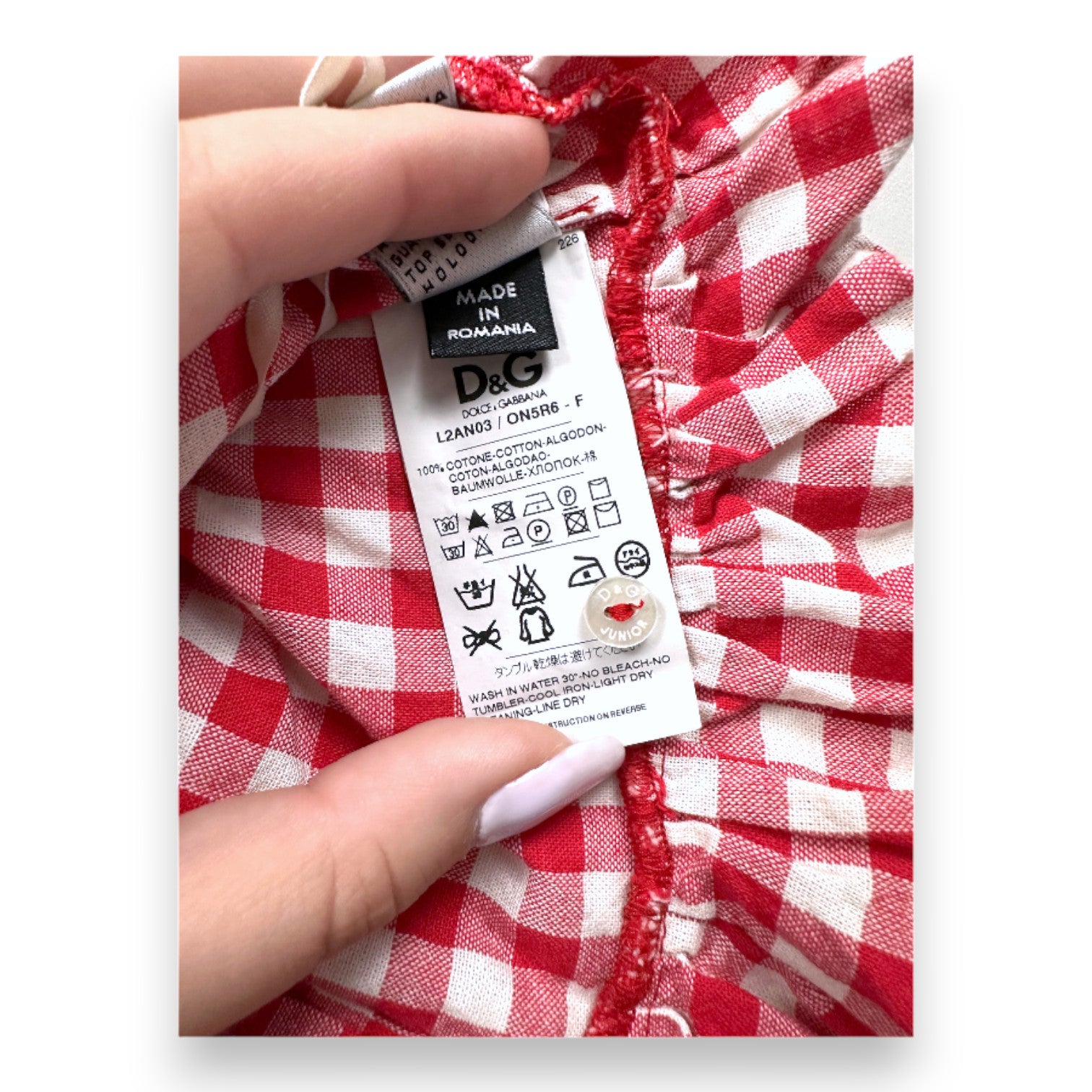 DOLCE & GABBANA – Set aus T-Shirt mit Vichy-Karomuster und Latzrock aus blauem Denim – 3 Monate