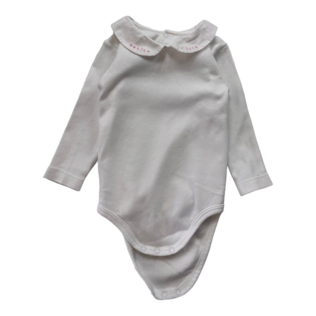 JACADI - White bodysuit with long sleeves and embroidered collar - 6 months