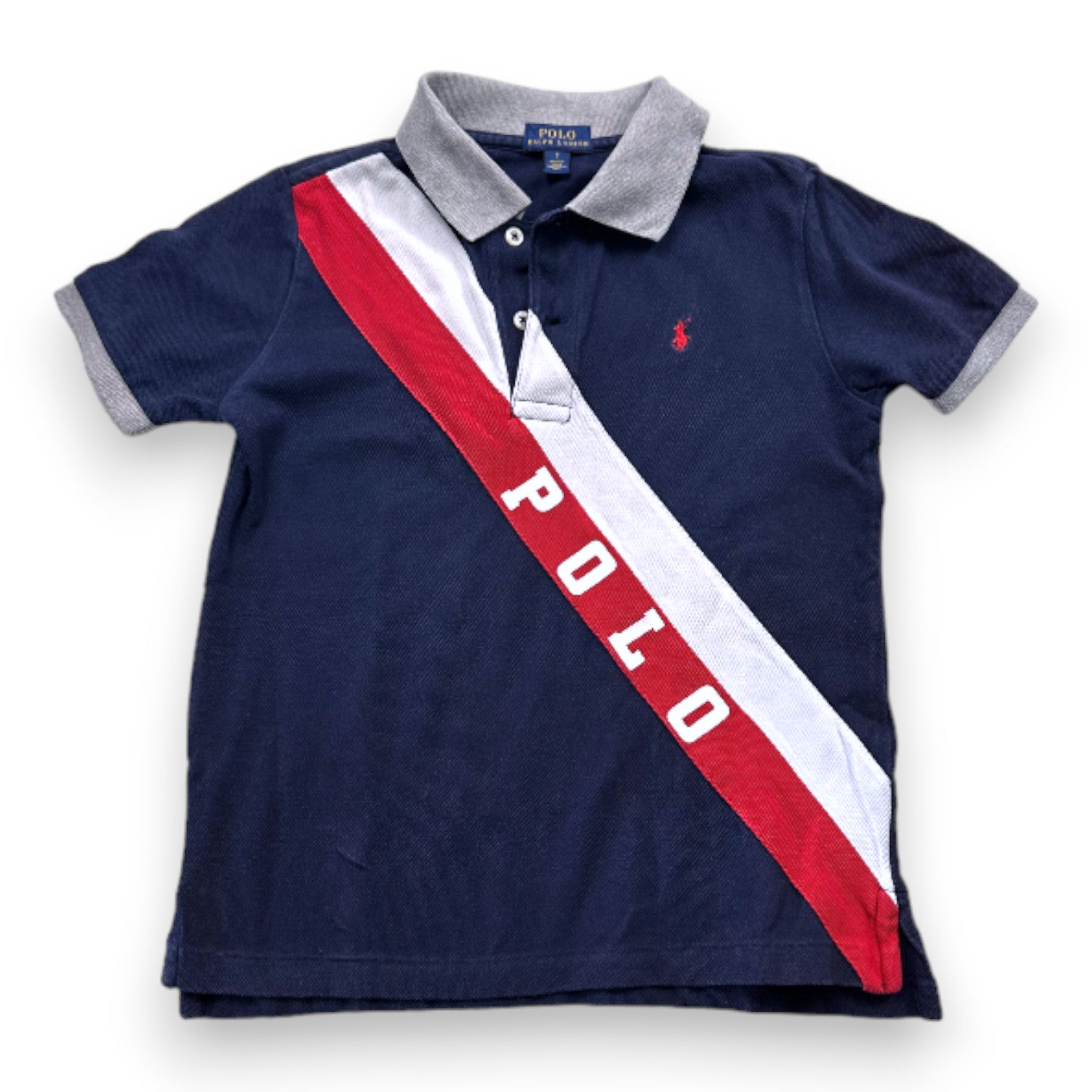 RALPH LAUREN - Blue, white and red short-sleeved polo shirt - 7 years