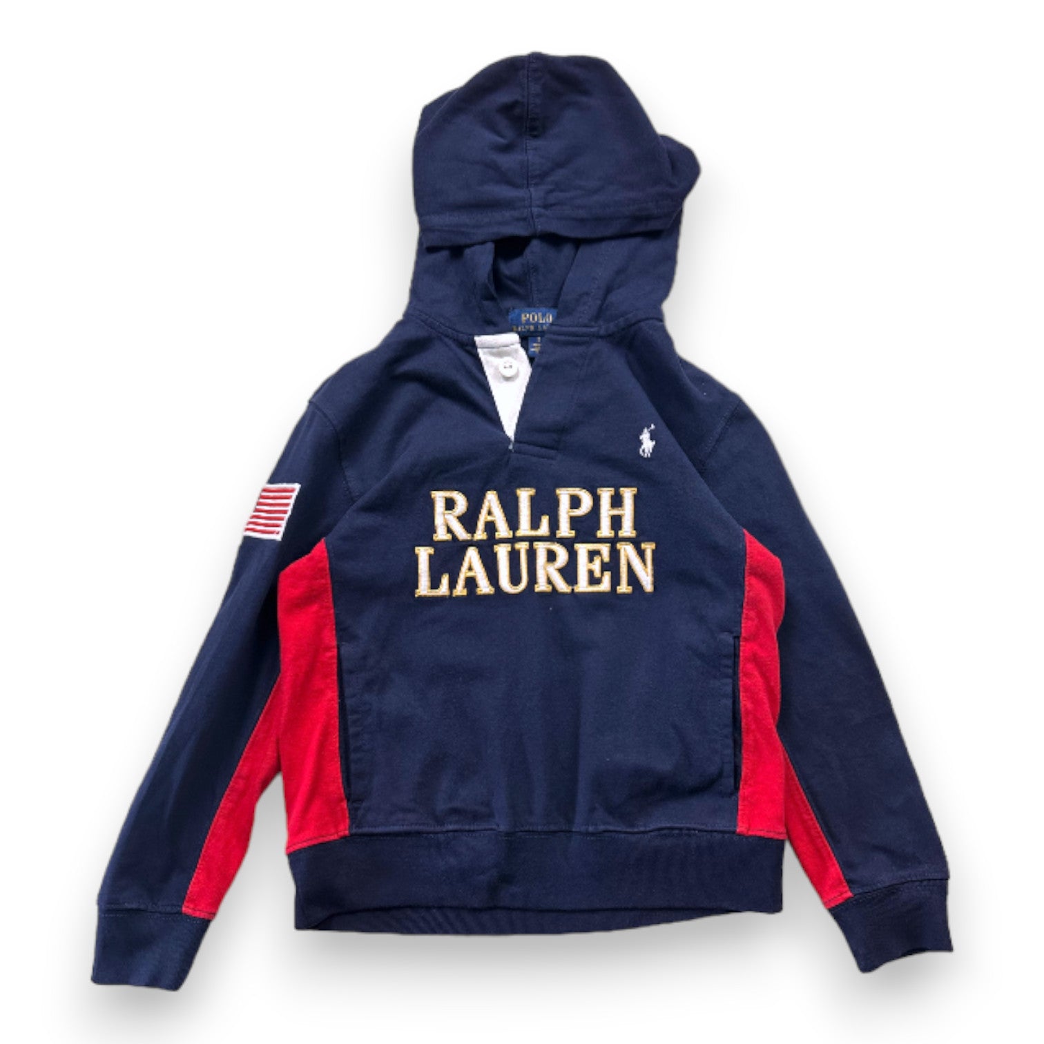 RALPH LAUREN - Blue and red embroidered polo shirt with long sleeves and hood - 5 years