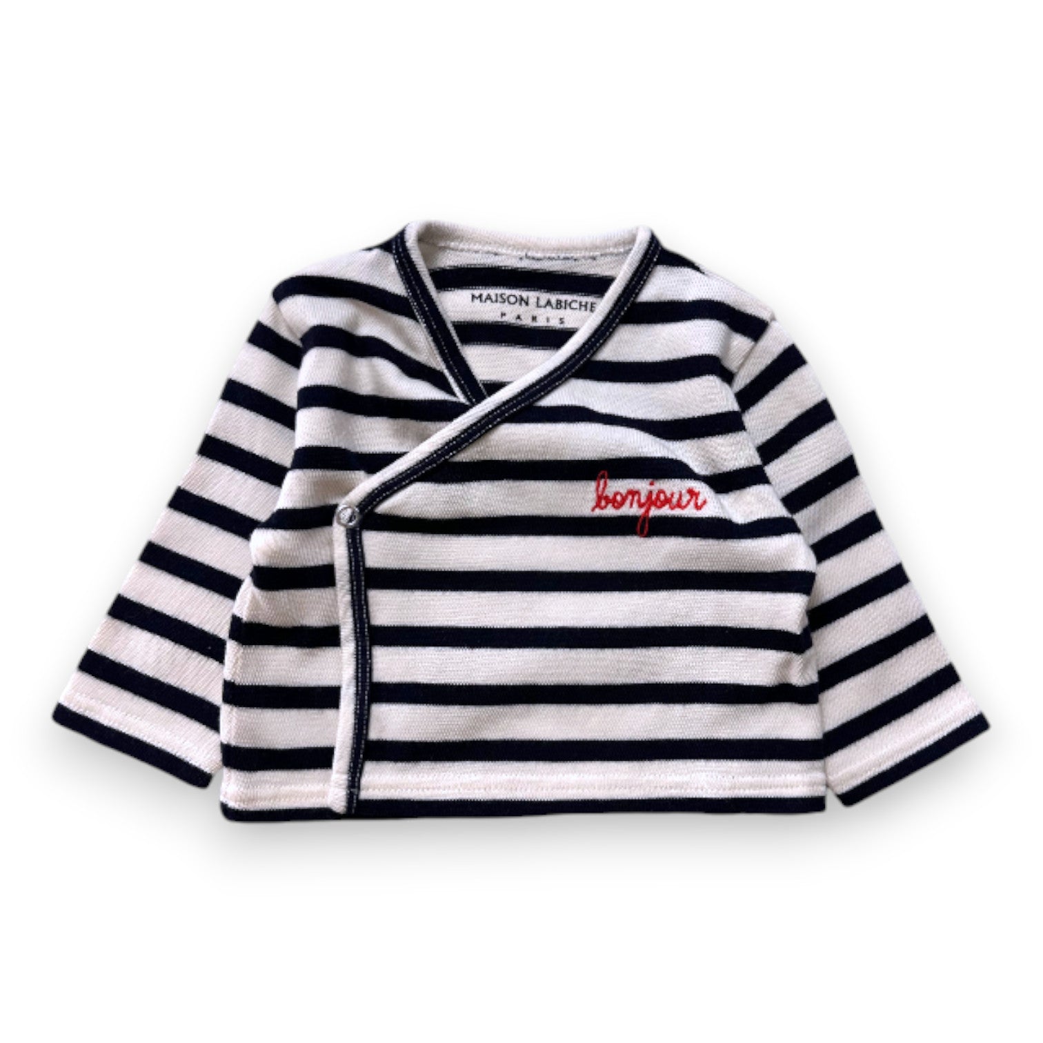 MAISON LABICHE - T-shirt à manches longues beige et bleu à rayures - 3 mois